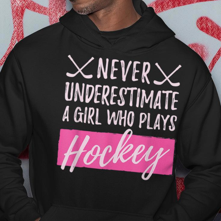 Never Underestimate A Girl Who Plays Icehockey Girl Hockey Hockey Funny Gifts Hoodie Unique Gifts