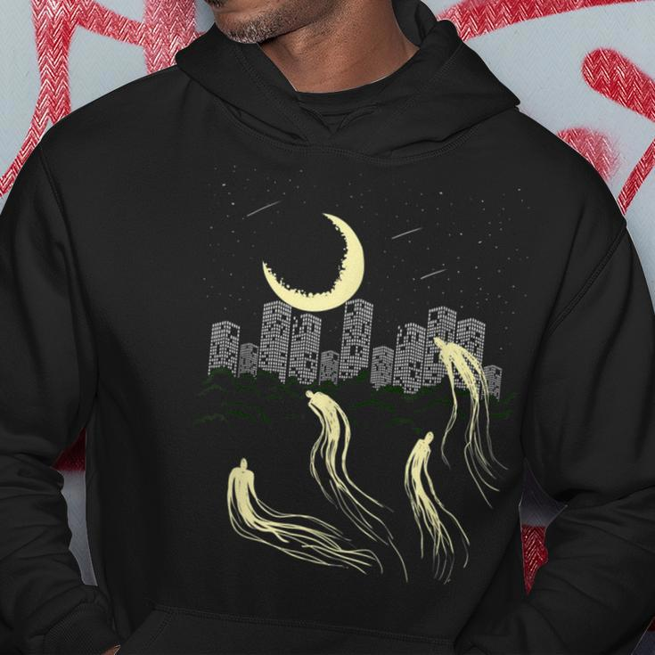 Night Sky Moon Star Building Ghost City Galaxy Horror Ghost Hoodie Unique Gifts