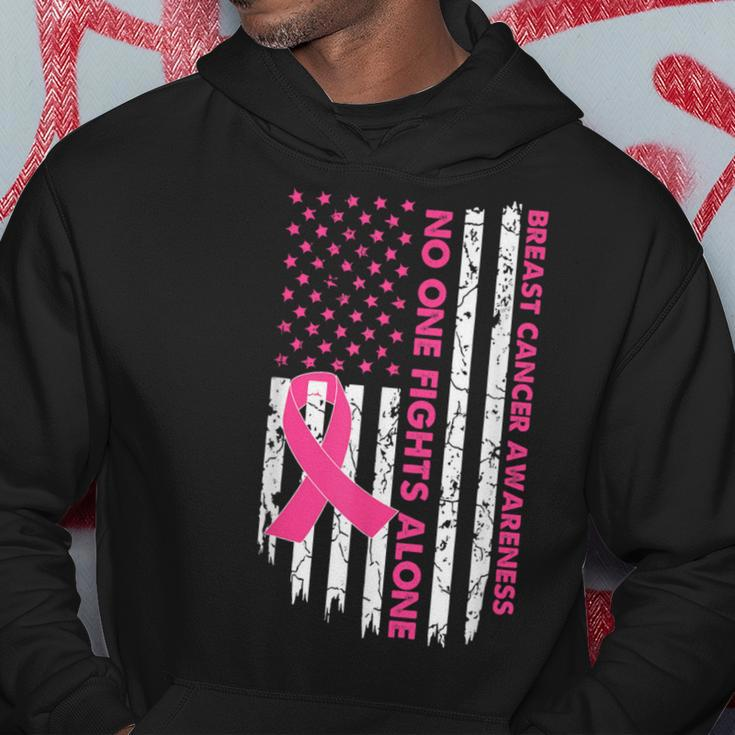 No One Fights Breast Cancer Alone American Flag Pink Ribbon Hoodie Unique Gifts