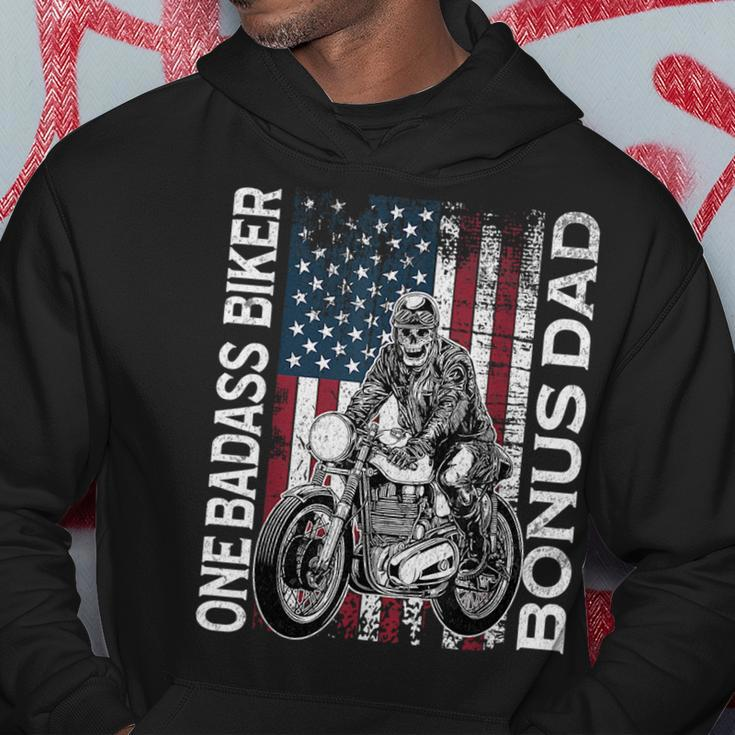 One Badass Biker Bonus Dad Grunge American Flag Skeleton Funny Gifts For Dad Hoodie Unique Gifts