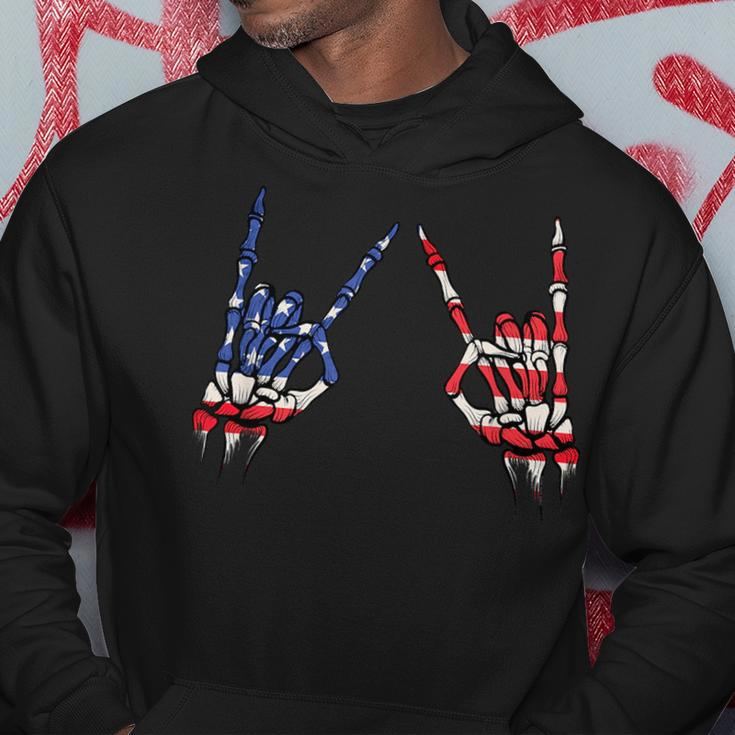 Patriotic Usa Flag Skeleton Rock On Devil Horns 4Th Of July Patriotic Funny Gifts Hoodie Unique Gifts