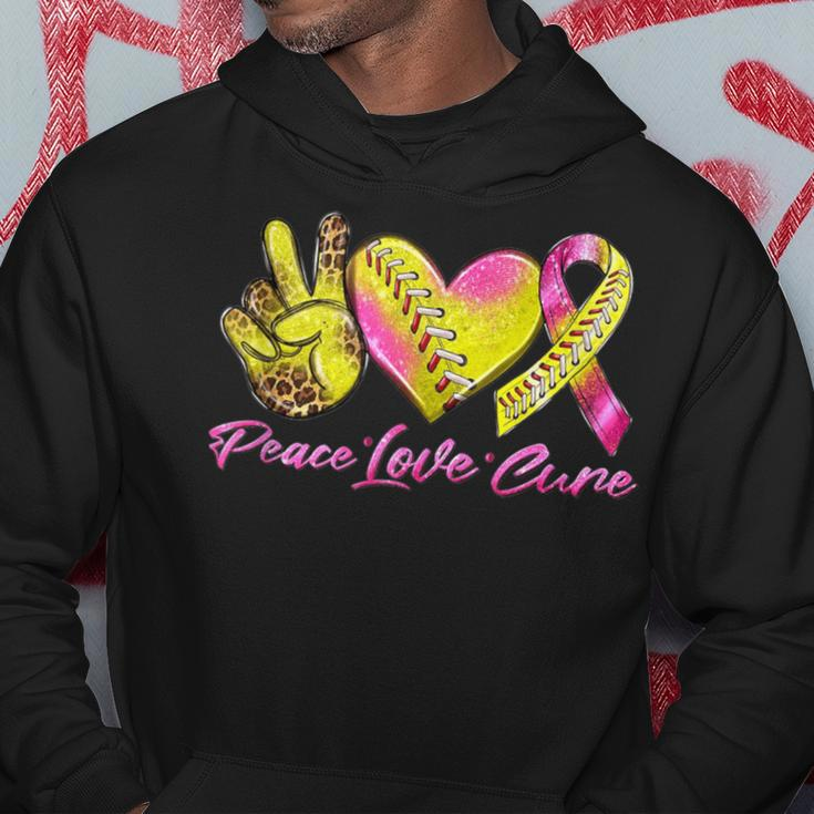 Peace Love Cure Pink Ribbon Softball Breast Cancer Awareness Hoodie Funny Gifts