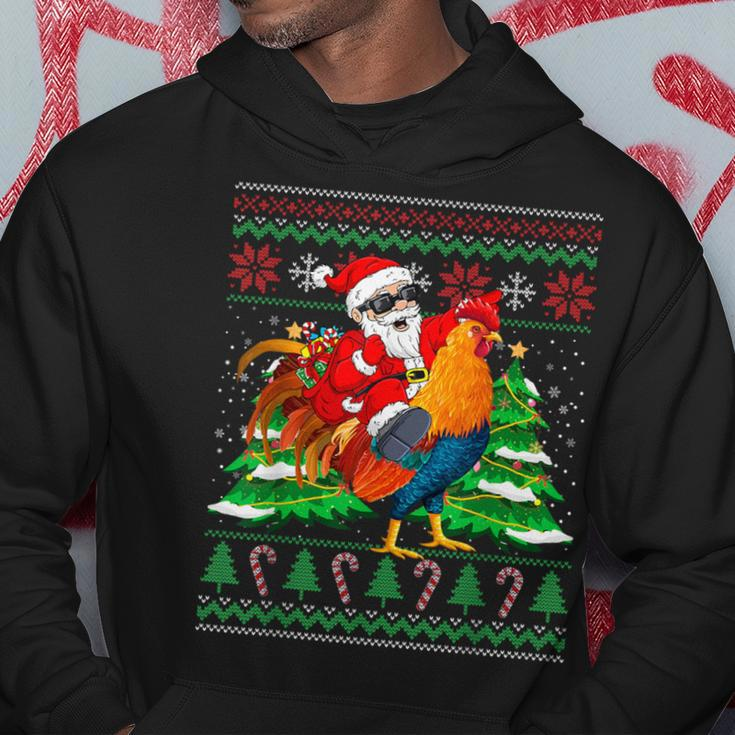 Santa With Rooster Christmas Tree Farmer Ugly Xmas Sweater Hoodie Unique Gifts