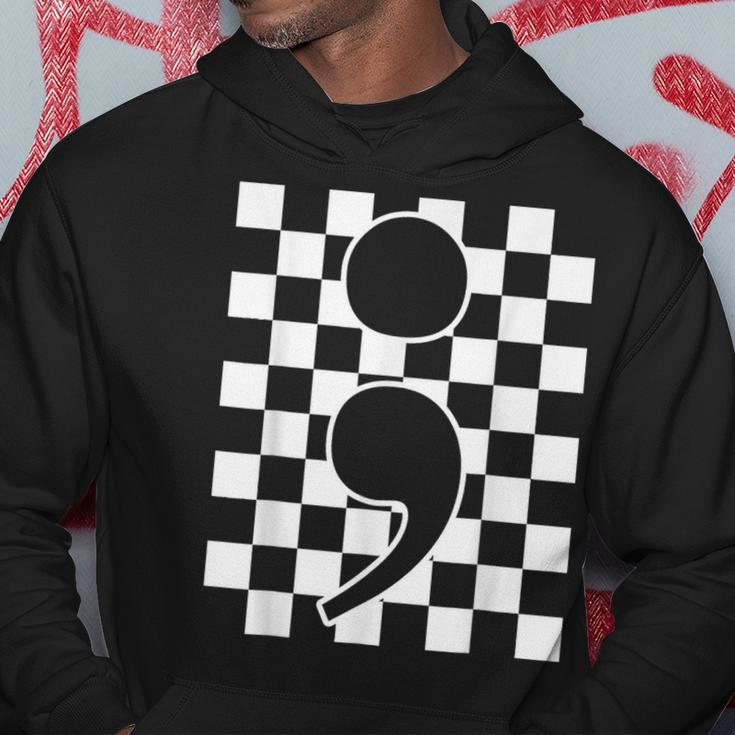 Semicolon Mental Health Matters Awareness Retro Checkered Hoodie Unique Gifts