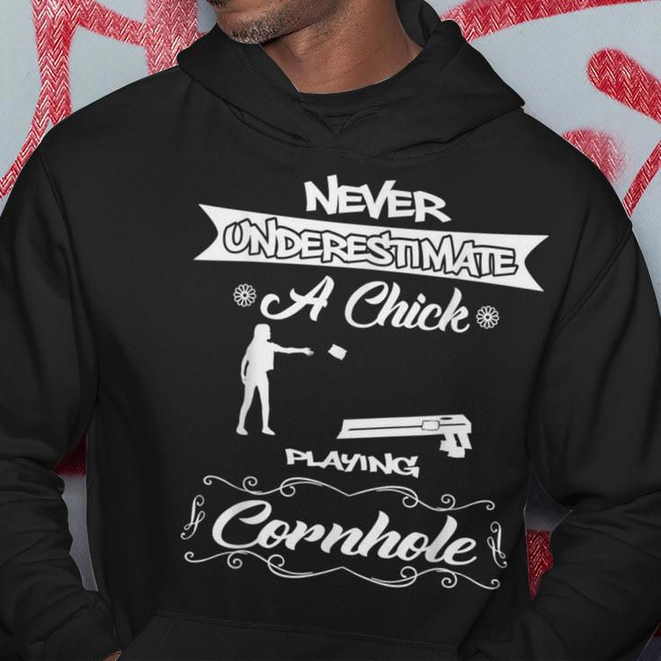 Never Underestimate A Chick Playing Cornhole Hoodie Unique Gifts
