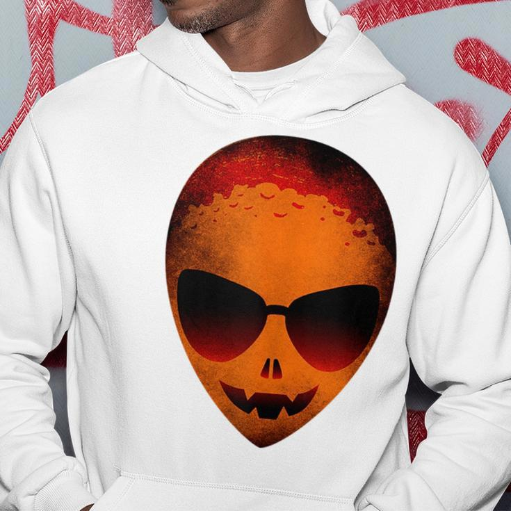 Halloween Scary Moon Face Alien Head In Pumpkin Color Themed Hoodie Unique Gifts