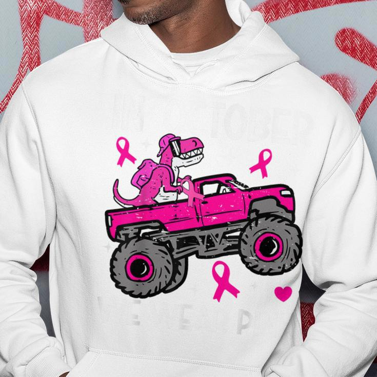 In October Wear Pink Breast Cancer Awareness Dinosaur Truck Hoodie Unique Gifts