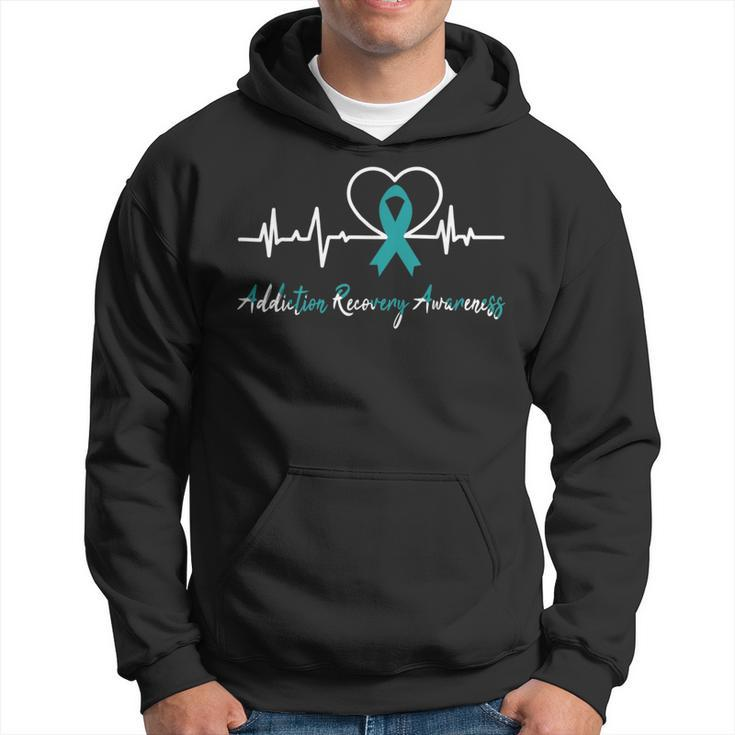 Addiction Recovery Awareness Heartbeat Teal Ribbon Support Hoodie