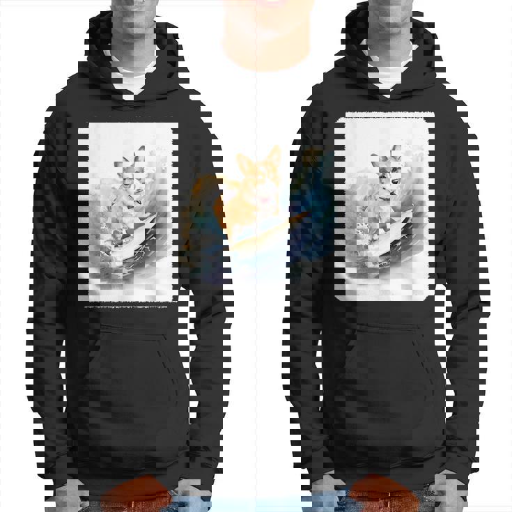 Corgi Surfing Wave Dog Surfing Corgi At The Beach  Hoodie