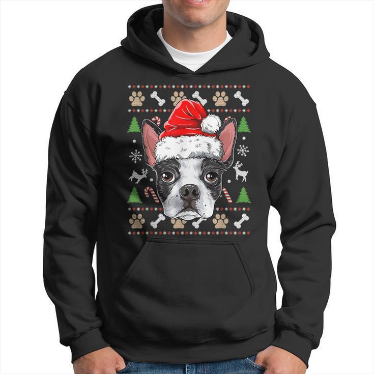Cute Boston Terrier Ugly Christmas Sweater Santa Hat Xmas Hoodie