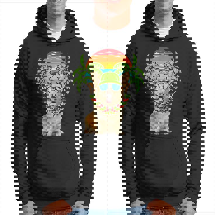 Hawaiian Corgi Dog Wearing Sunglasses Sunset On Beach Summer Hoodie