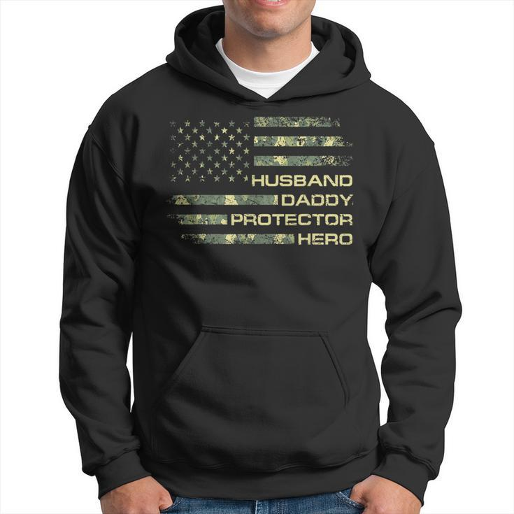 Husband Daddy Protector Hero Fathers Day Camo American Flag  Hoodie