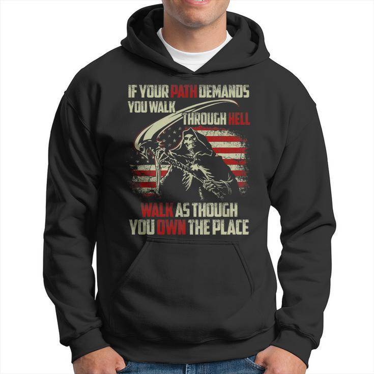 If Your Path Demands You Walk Through Hell Skeleton Usa Flag   Usa Funny Gifts Hoodie