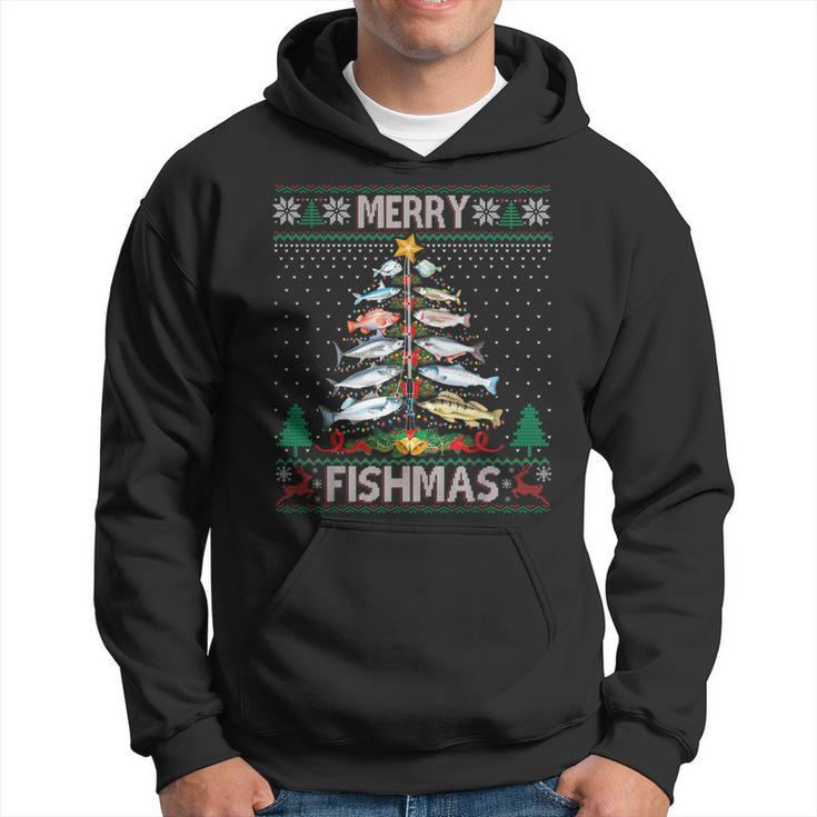 Merry Fishmas Ugly Sweater Fish Fishing Rod Christmas Tree Hoodie