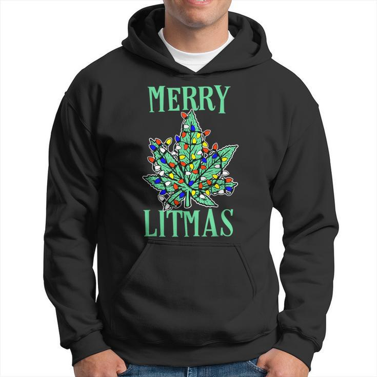 Merry Litmas Pot Leaf Christmas Tree Lights Marijuana Hoodie