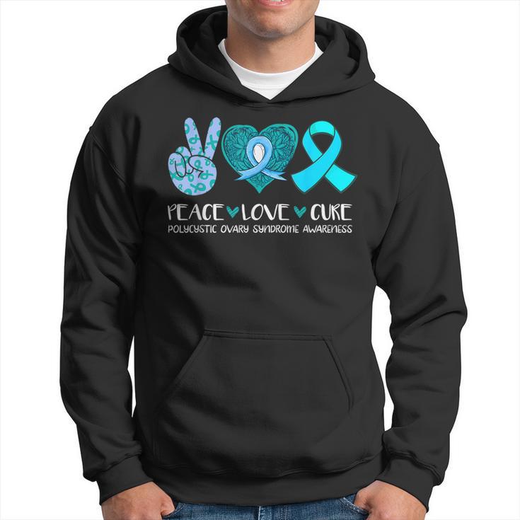 Peace Love Cure Polycystic Ovary Syndrome Pcos Teal Ribbon Hoodie