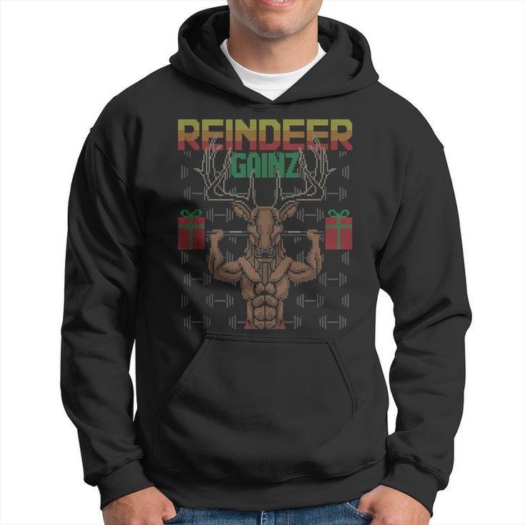 Reindeer Gainz Brodolf Ugly Christmas Sweater Gym Workout Hoodie