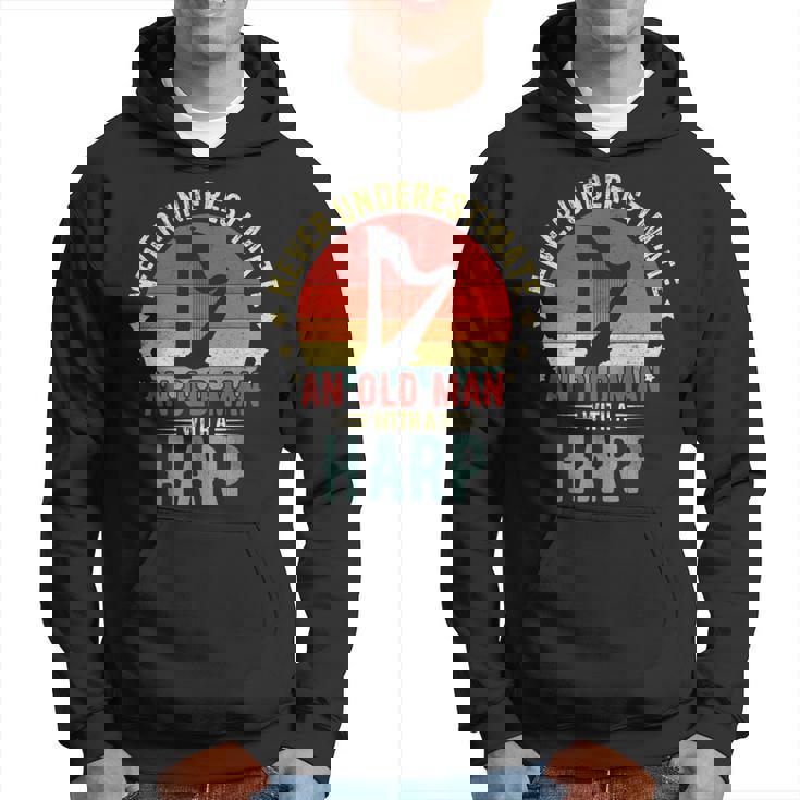 Retro Never Underestimate Old Man With A Harp Player Men Hoodie