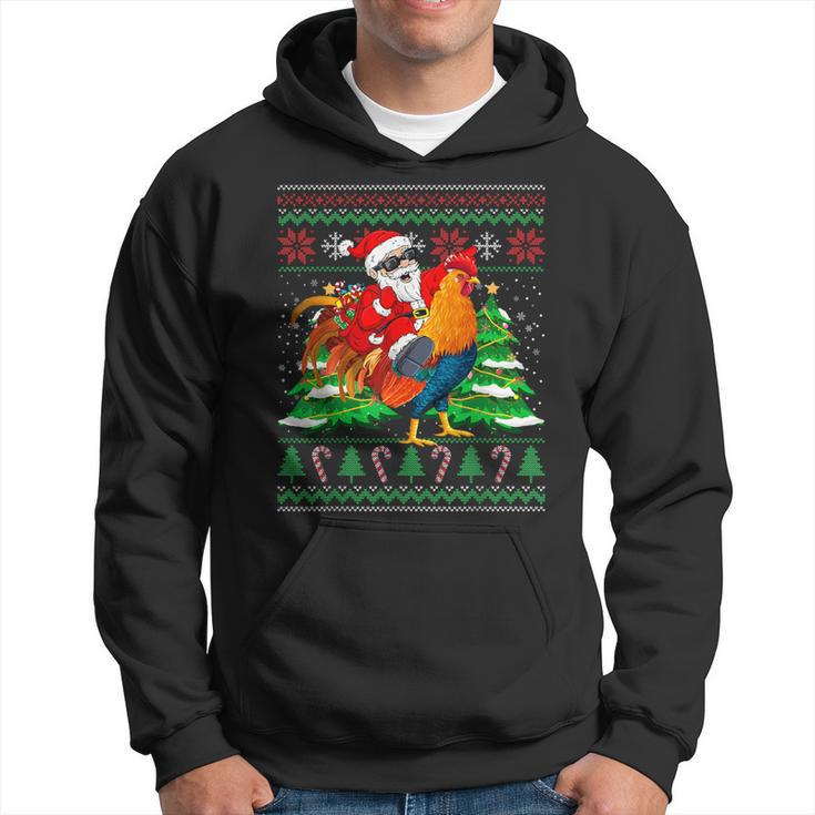 Santa With Rooster Christmas Tree Farmer Ugly Xmas Sweater Hoodie