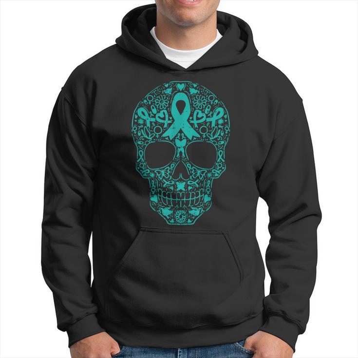 Sugar Skull Teal Ribbon Ovarian Cancer Awareness Mexican Hoodie