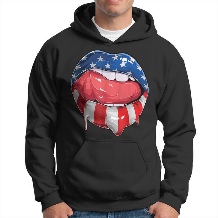 Usa Flag Dripping Lips 4Th Of July Patriotic American Hoodie