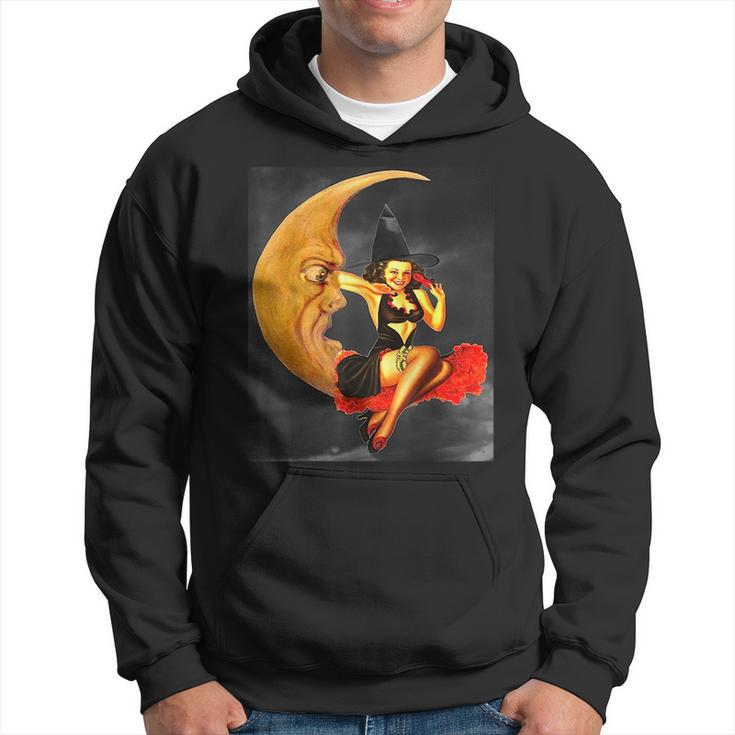 Vintage Pin Up Girl Witch On Moon Halloween Moon Funny Gifts Hoodie