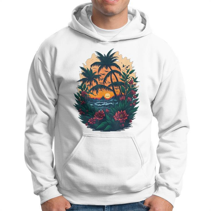 Cute Mountain Sunset Palm Trees Ocean Graphic  Hoodie