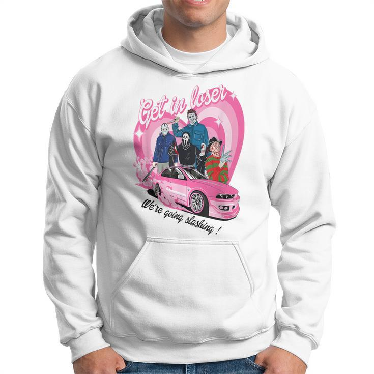 Get In Loser We're Going Slashing Pink Car Horror Character Hoodie