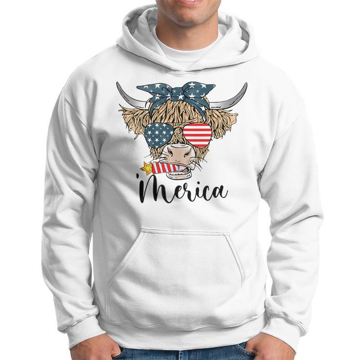 Merica Cow Cute Highland Cow With Bandana Usa Fourth Of July Hoodie