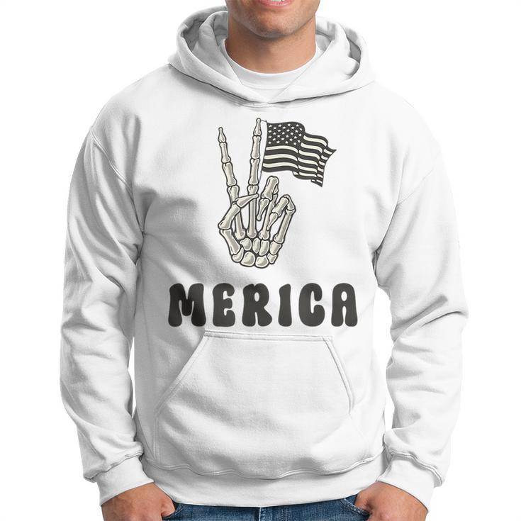 Merica Peace Sign 4Th Of July American Flag Skeleton Hand Hoodie