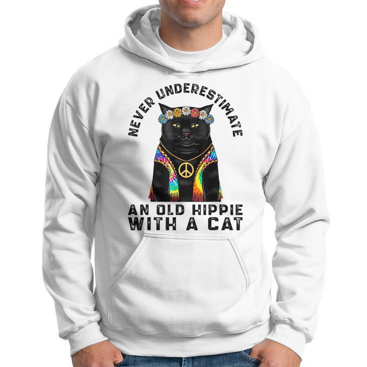 Never Underestimate An Old Hippie With A Cat Funny Vintage Hoodie