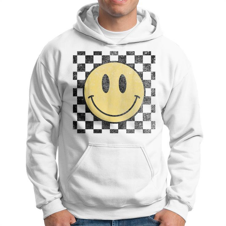 Retro Happy Face 70S Distressed Checkered Pattern Smile Face  Hoodie