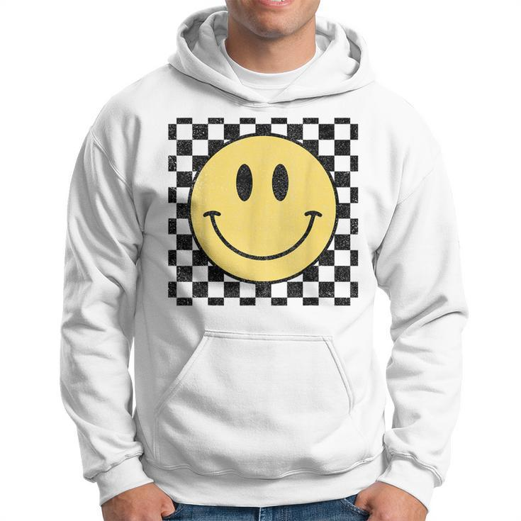 Retro Happy Face Distressed Checkered Pattern Smile Face Hoodie