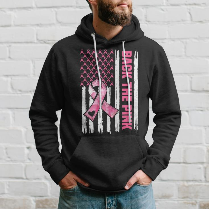 Back The Pink Warrior Flag American Breast Cancer Awareness Breast Cancer Awareness Funny Gifts Hoodie Gifts for Him