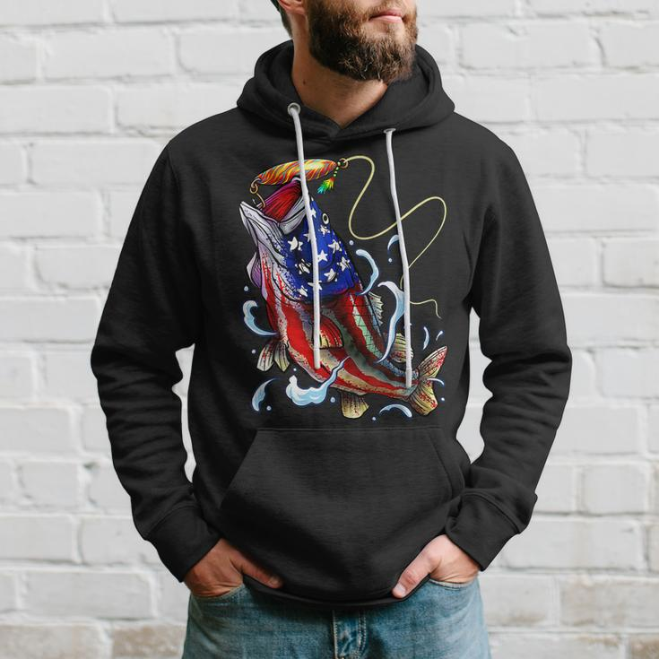 Bass Fishing Fish American Flag Dad Father Fourth Of July Hoodie Gifts for Him