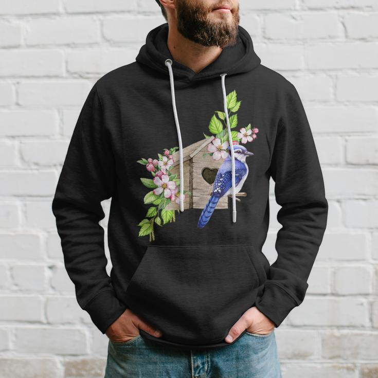 Blue Jay Bird Birdhouse And Pink Blossoms Bird Watching Hoodie Gifts for Him
