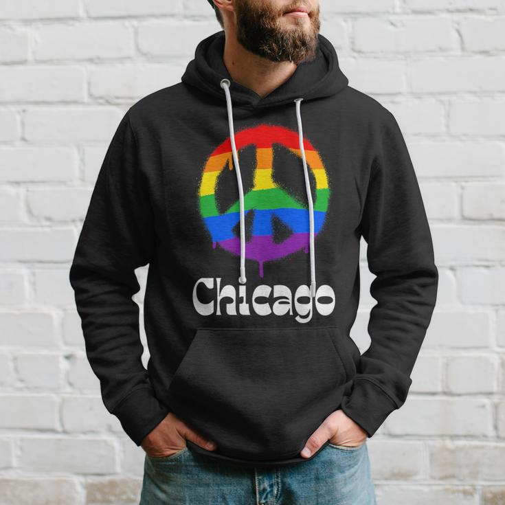 Chicago Gay Pride Lgbtq Lgbt Retro Groovy Peace Sign Hoodie Gifts for Him