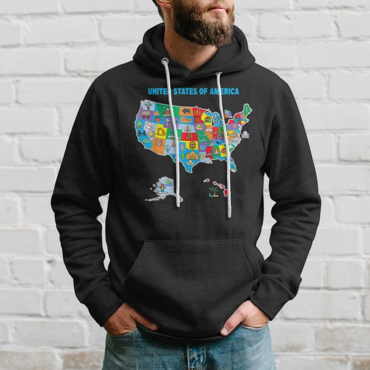 Colorful United States Of America Map Us Landmarks Icons Hoodie Gifts for Him