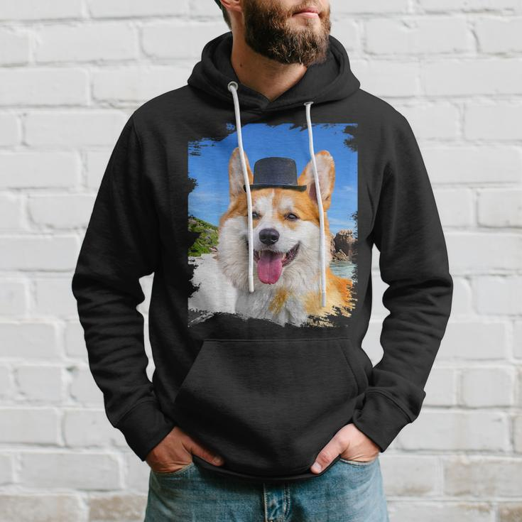 Corgi Face Dog Dogs Wearing Hat At Beach Funny Cute Hoodie Gifts for Him