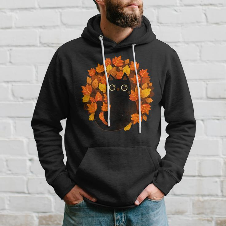 Cute Black Cat Autumn Leaves Season Thanksgiving Cat Lover Hoodie Gifts for Him