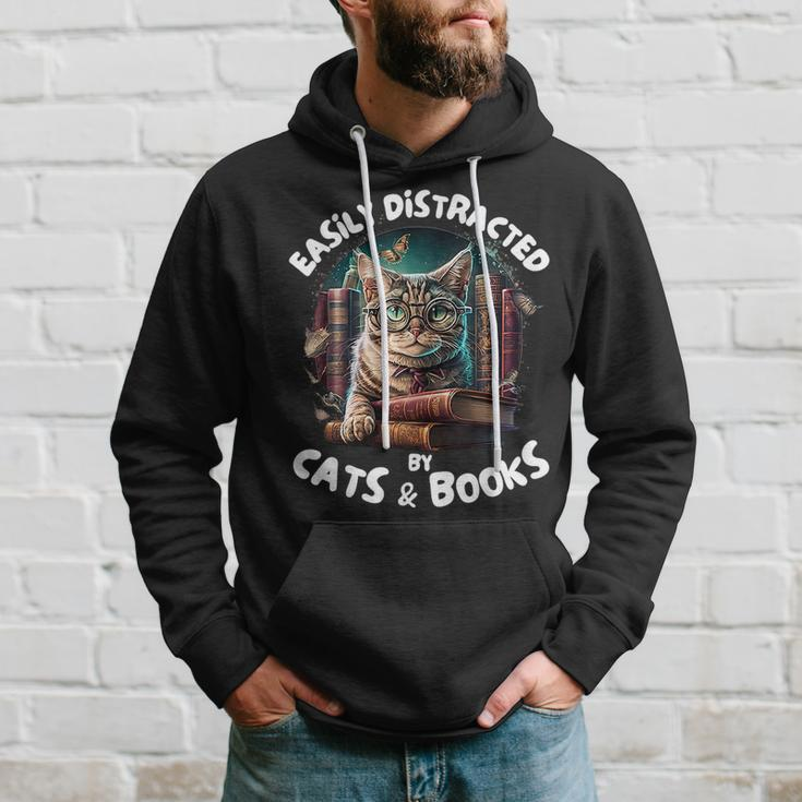 Easily Distracted By Cats And Books Librarians Bibliophiles Hoodie Gifts for Him
