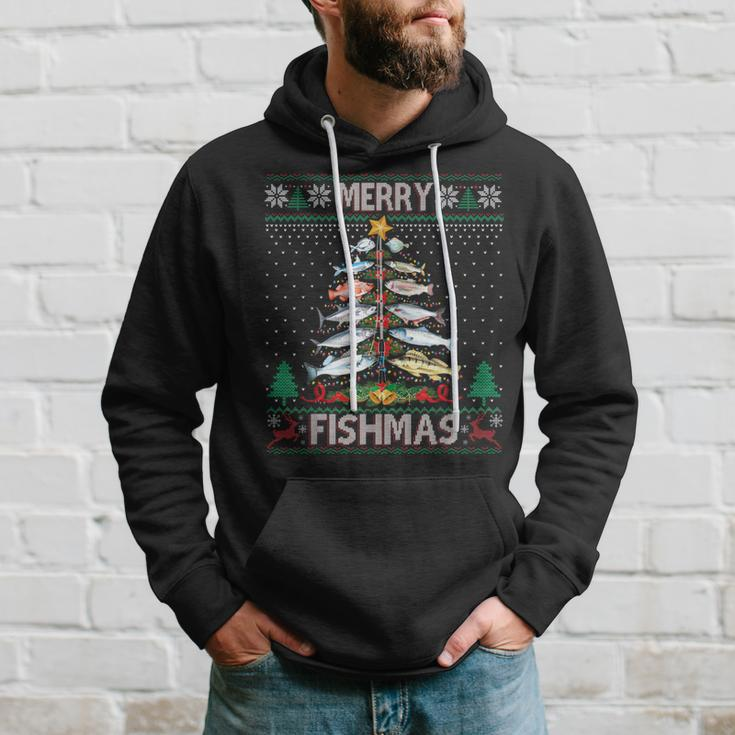 Merry Fishmas Ugly Sweater Fish Fishing Rod Christmas Tree Hoodie Gifts for Him