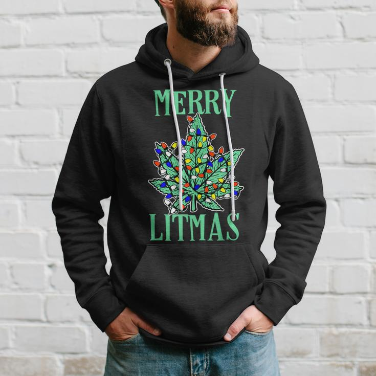 Merry Litmas Pot Leaf Christmas Tree Lights Marijuana Hoodie Gifts for Him
