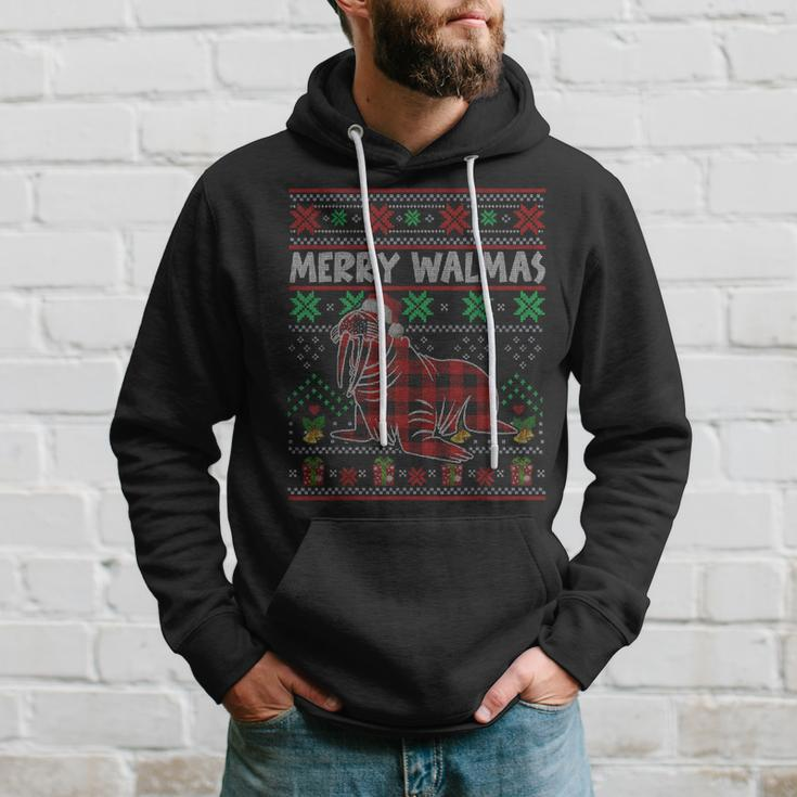 Merry Walmas Ugly Christmas Sweater Walrus Sea Animal Plaid Hoodie Gifts for Him