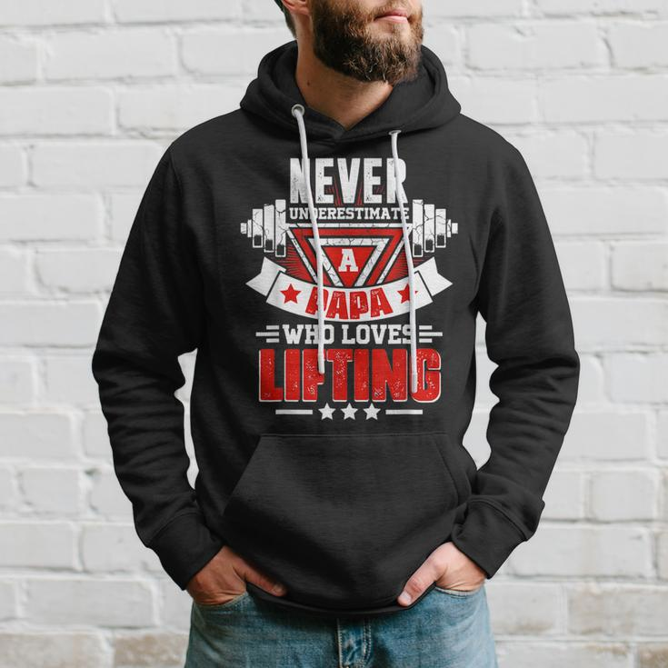 Never Underestimate Papa Gym Workout Fitness Weightlifting Hoodie Gifts for Him