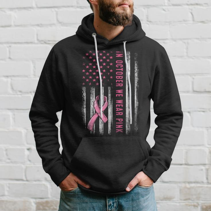 In October We Wear Pink Pink Ribbon Flag Breast Cancer Hoodie Gifts for Him