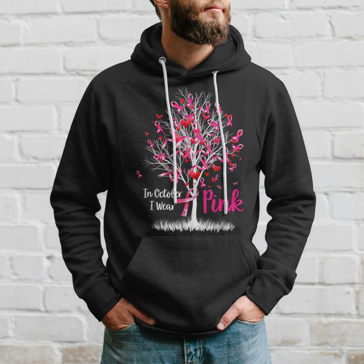 In October We Wear Pink Tree Ribbon Breast Cancer Awareness Hoodie Gifts for Him
