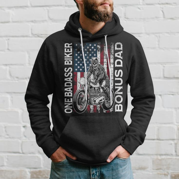 One Badass Biker Bonus Dad Grunge American Flag Skeleton Funny Gifts For Dad Hoodie Gifts for Him