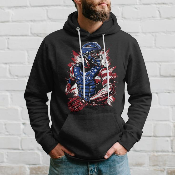 Patriotic Baseball Catcher Vintage American Flag 4Th Of July Hoodie Gifts for Him