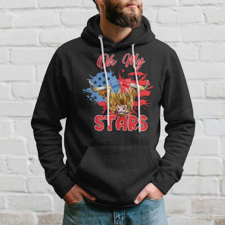 Patriotic Highland Cow Oh My Stars 4Th Of July American Flag Hoodie Gifts for Him
